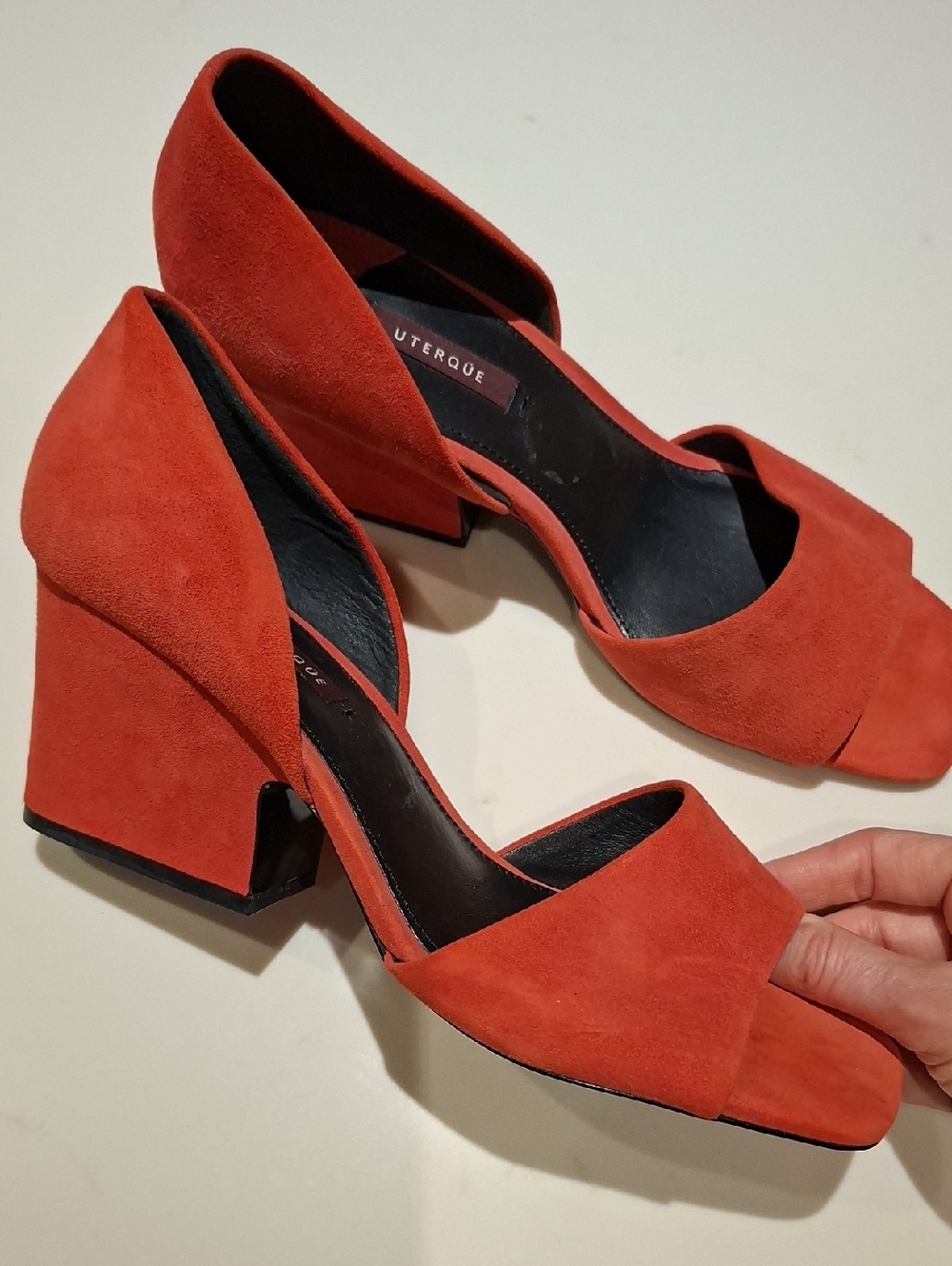 Uterque Vibrant Red Suede Contemporary Wedge Heel Peep-toe Pumps (Size EU 39)